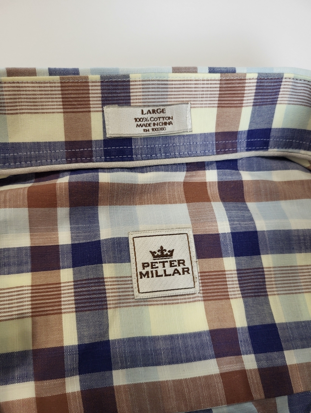 Peter‎ Millar Plaid Long Sleeve Button Down Shirt Blue Brown Cotton Large - Picture 3 of 7